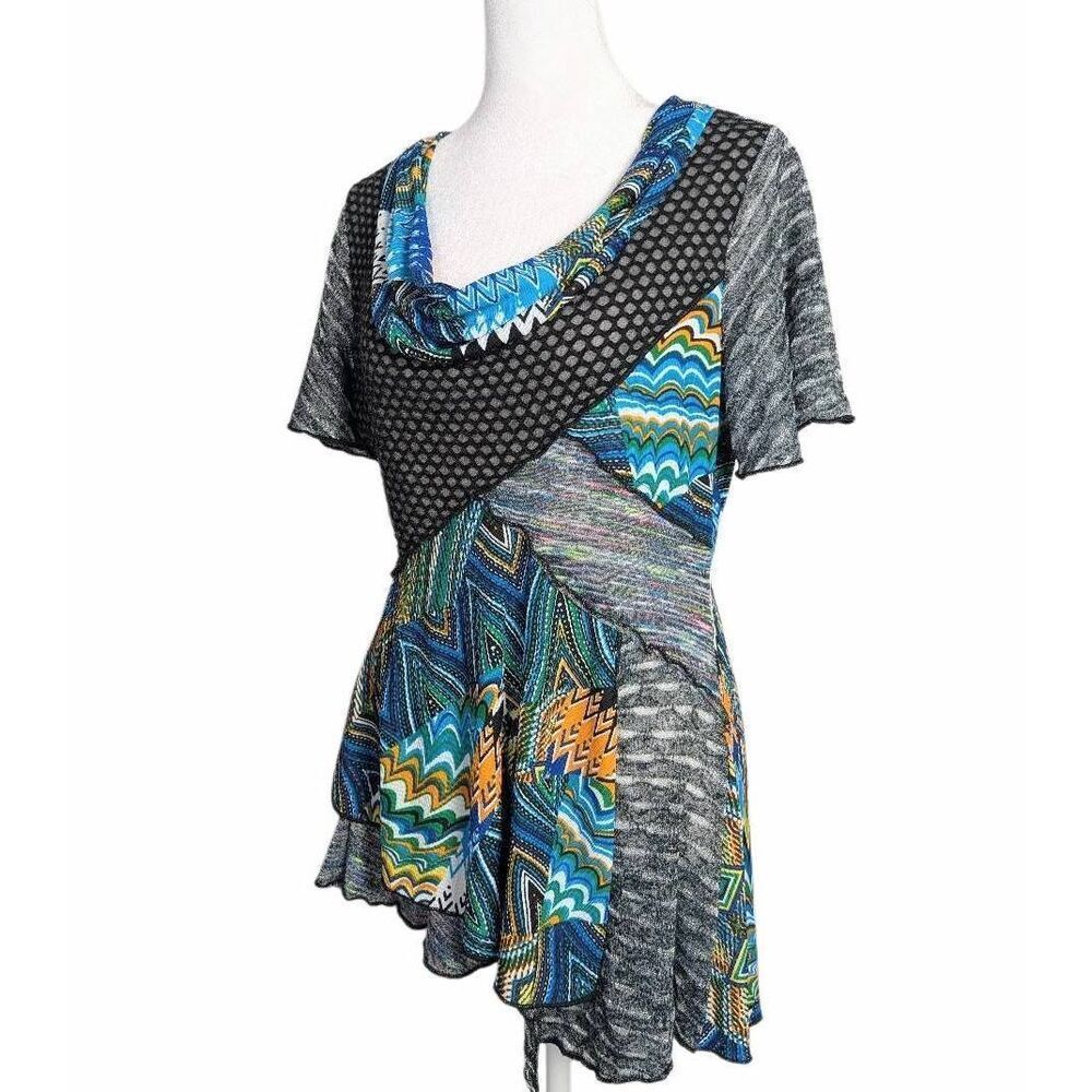 Feratelli Y2K patchwork asymmetrical mixed media multicolor cowl top tunic L